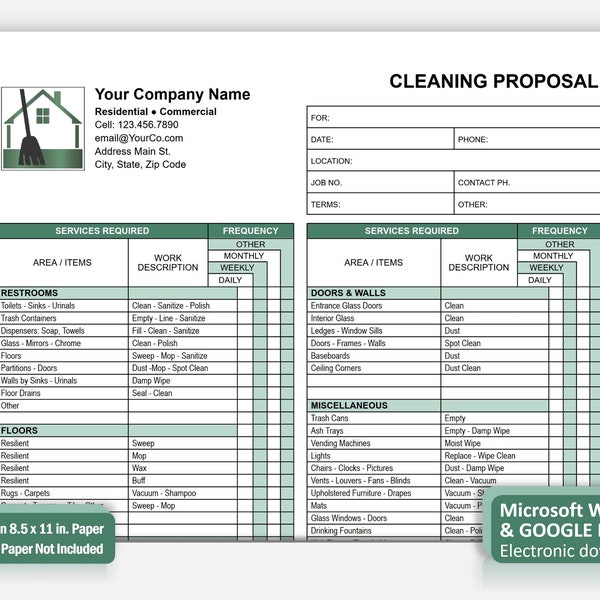 Green Cleaning Proposal Template WORD, Commercial Cleaning Checklist, Best Fillable Editable Google Docs Cleaning Service Proposal
