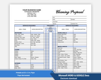 Classy Cleaning Proposal Template WORD, Blue, Commercial Cleaning Checklist, Best Fillable Editable Google Docs Cleaning Service Proposal