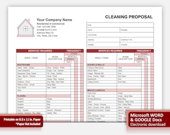 Red Cleaning Proposal Template WORD, Commercial Cleaning Checklist, Best Fillable Editable Google Docs Cleaning Service Proposal