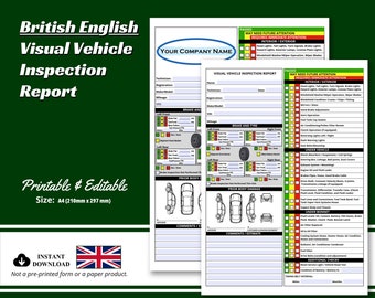 May include: A printable and editable British English visual vehicle inspection report. The document includes sections for vehicle details, brake and tire inspection, and prior body damage assessment. The size is A4 (8.3 x 11.7 inches).