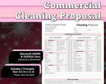 May include: A printable cleaning proposal template in Microsoft Word and Google Docs format. The template includes a checklist for cleaning services required, including restrooms, doors and walls, and miscellaneous areas. The template is 8.5 inches by 11 inches.