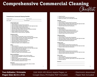 May include: A printable checklist for comprehensive commercial cleaning. The checklist includes sections for lobby, conference rooms, offices, break rooms, restrooms, stairwells, elevators, hallways, storage rooms, mechanical rooms, and server rooms. Each section includes a list of tasks to be completed, such as sweeping floors, dusting surfaces, cleaning and disinfecting high-touch areas, and emptying trash and recycling bins.