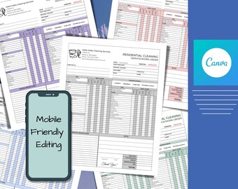 Puede incluir: La pantalla de un teléfono móvil que muestra el texto "Mobile Friendly Editing" sobre un fondo de varios formularios de pedido de servicio de limpieza. Los formularios están impresos en papel blanco con texto negro y tienen un esquema de color azul claro, rosa o verde. Los formularios están titulados "Pedido de servicio de limpieza residencial" y "Pedido de servicio de limpieza AL". Los formularios tienen una sección para "Notas" y una sección para "Total". Los formularios son de "Delta Valley Cleaning Services".
