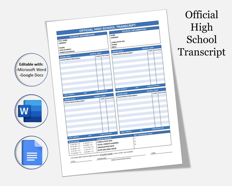 Fillable Printable High School Transcript Template GOOGLE DOCS Etsy Fillable Printable High School Transcript Template GOOGLE DOCS Etsy