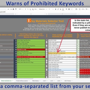 May include: A screenshot of a spreadsheet with a list of keywords for Etsy listings. The spreadsheet has a column for "Materials" and a column for "Materials to Long". The spreadsheet warns users that duplicates are indicated by a yellow background and will not be published to the green final column.