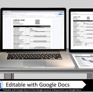 May include: A cleaning estimate template displayed on a laptop and tablet screen. The template includes sections for company name, address, phone number, date of cleaning, room covered, prices, description of cleaning job, total area to be covered in cleaning job, labor requirements for cleaning, amount to be accounted for labor charges, materials required for cleaning job, labor requirements for paint job, cost of materials expenses, and additional costs.