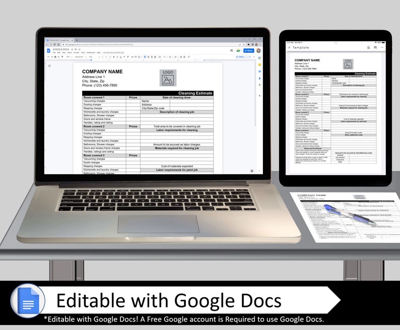 May include: A cleaning estimate template displayed on a laptop and tablet screen. The template includes sections for company name, address, phone number, date of cleaning, room covered, prices, description of cleaning job, total area to be covered in cleaning job, labor requirements for cleaning, amount to be accounted for labor charges, materials required for cleaning job, labor requirements for paint job, cost of materials expenses, and additional costs.