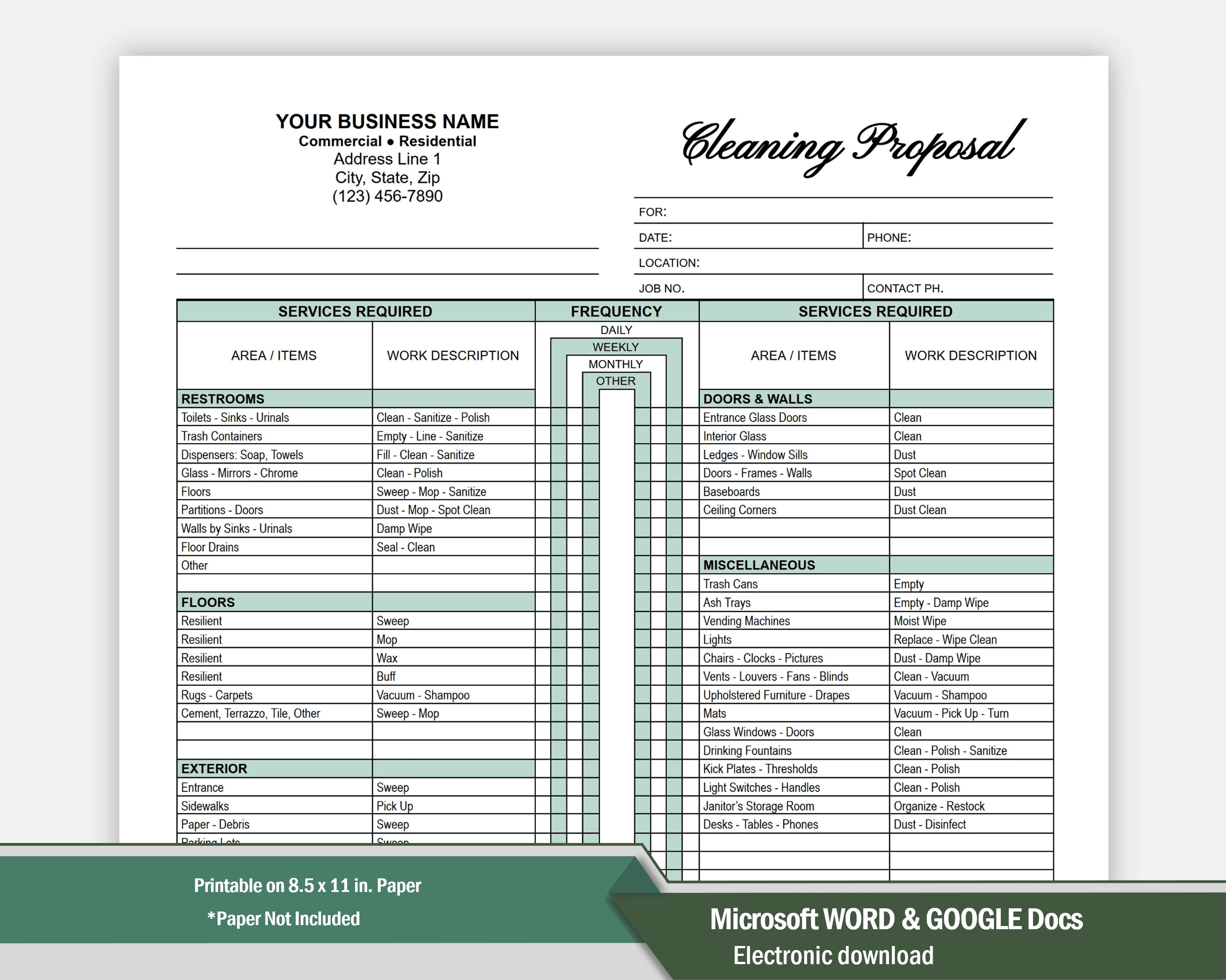 Classy Cleaning Proposal Template WORD, Green, Commercial Cleaning Checklist, Best Fillable Editable Google Docs Cleaning Service Proposal