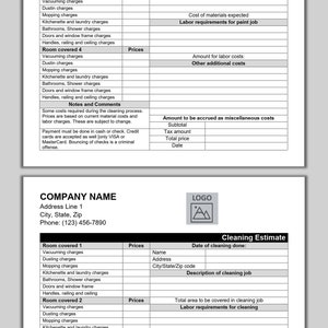 May include: A cleaning estimate form with a company name, address, phone number, and a logo. The form includes sections for room covered, prices, date of cleaning, name, address, city, state, zip code, description of cleaning job, total area to be covered in cleaning job, and labor requirements for cleaning.