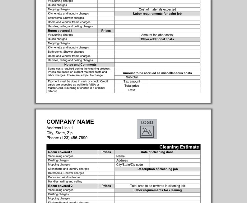 May include: A cleaning estimate form with a company name, address, phone number, and a logo. The form includes sections for room covered, prices, date of cleaning, name, address, city, state, zip code, description of cleaning job, total area to be covered in cleaning job, and labor requirements for cleaning.