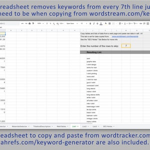 May include: A spreadsheet with a list of keywords related to shirts. The spreadsheet is designed to remove keywords from every 7th line when copying from wordstream.com/keywords. The spreadsheet also includes instructions for copying and pasting data from wordtracker.com and ahrefs.com/keyword-generator.
