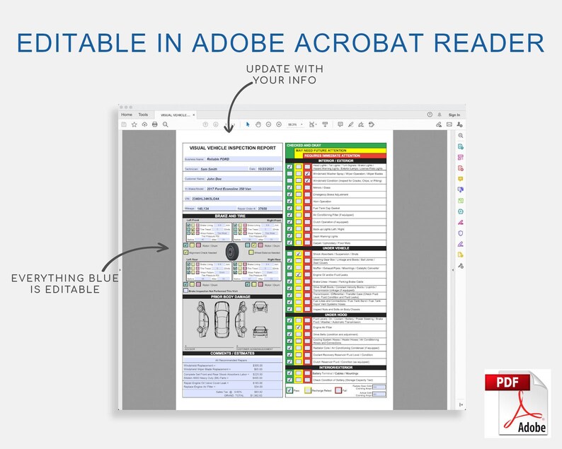 Visual Vehicle Inspection Report Fillable PDF Multi-point - Etsy