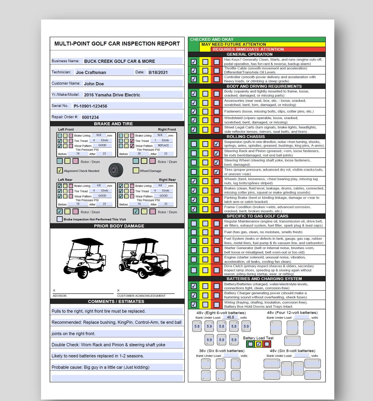 Visual Golf Cart Inspection Report Checklist, Golf Cart Rental Check In