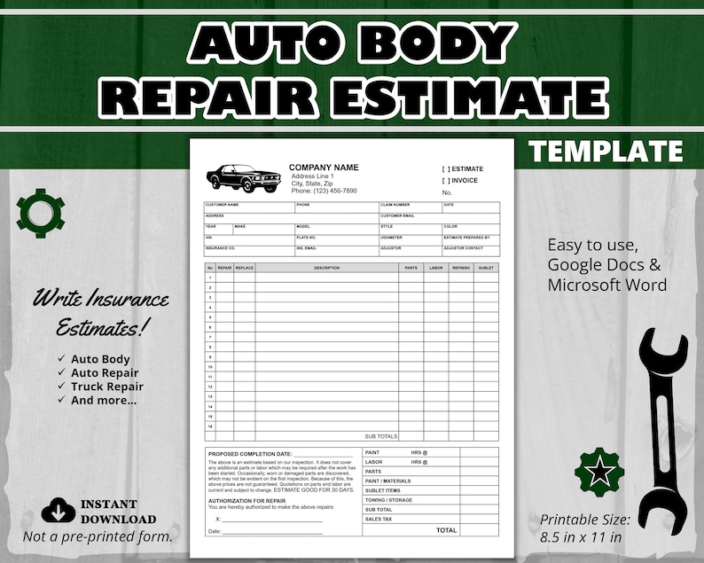 Editable Auto Body Repair Estimate Template WORD Google Etsy Editable Auto Body Repair Estimate Template WORD Google Etsy