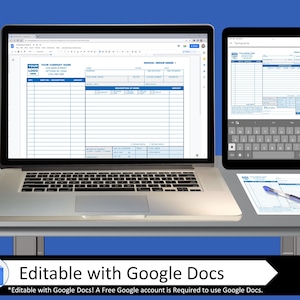 May include: A laptop computer and a tablet computer displaying a blank invoice template with the text "Invoice / Repair Order" at the top. The template is editable with Google Docs.