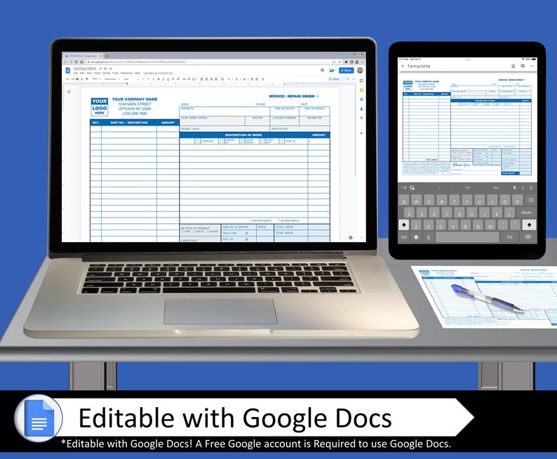 May include: A laptop computer and a tablet computer displaying a blank invoice template with the text "Invoice / Repair Order" at the top. The template is editable with Google Docs.