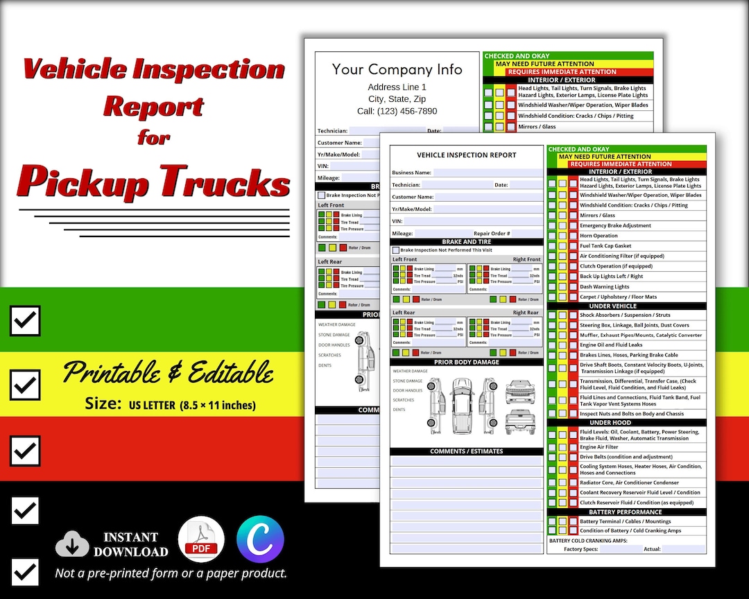 PDF Printable Vehicle Inspection Report for Pickup Trucks, Editable PDF Printable Vehicle Inspection Report for Pickup Trucks, Editable