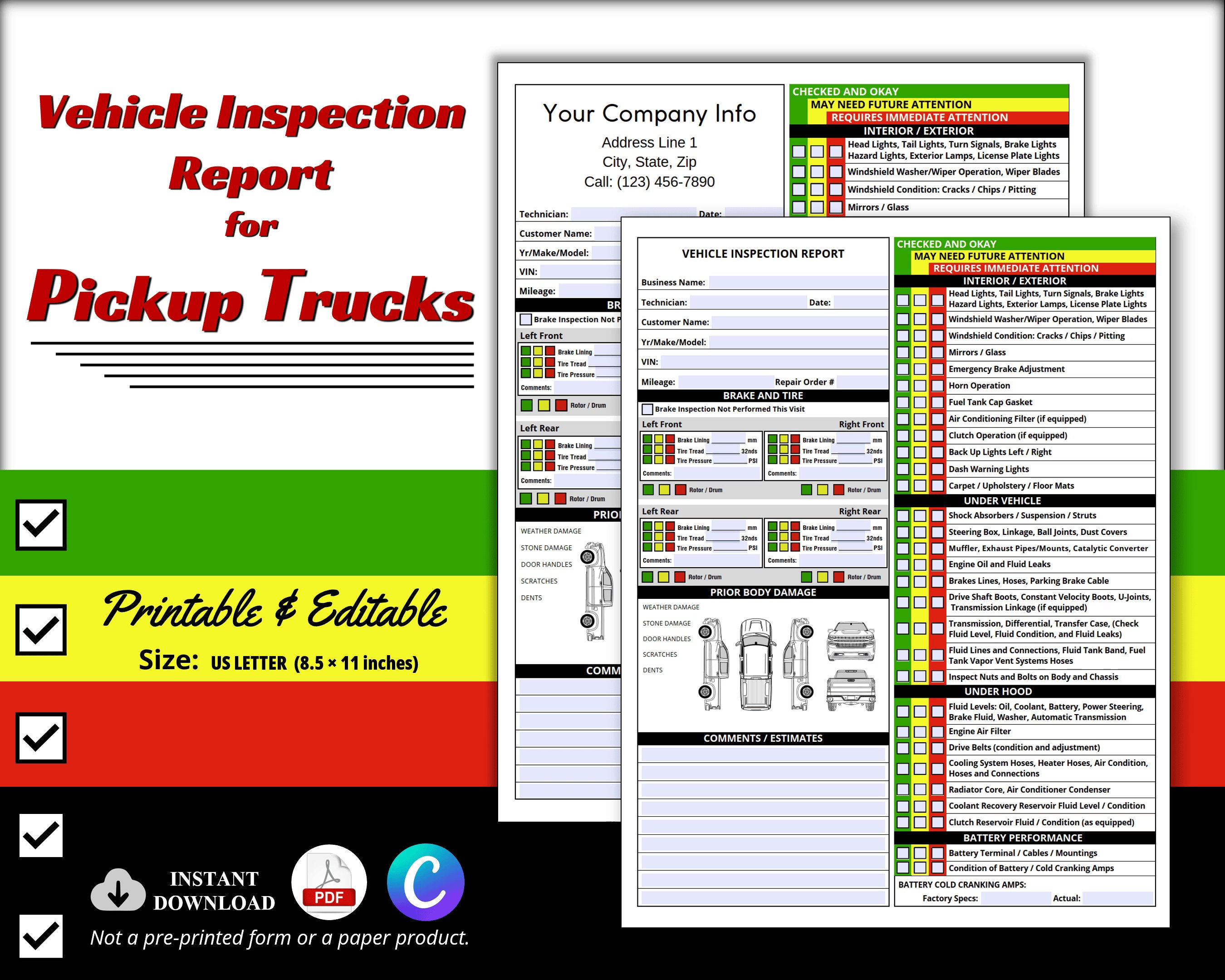 PDF Printable Vehicle Inspection Report for Pickup Trucks, Editable CANVA Multi-point Vehicle Inspection, Used Vehicle Inspection Sheet