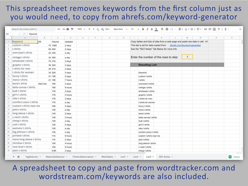 May include: A spreadsheet with a list of keywords related to t-shirts. The spreadsheet includes columns for keyword, volume, and updated. The spreadsheet also includes a section for entering the number of rows to skip and a resulting list of keywords.