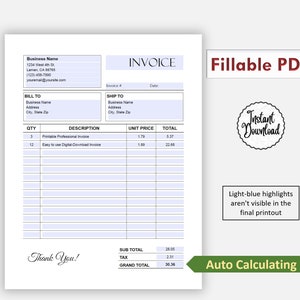 Easy-on-ink Auto-calculating Invoice, Fillable Printable Invoice ...