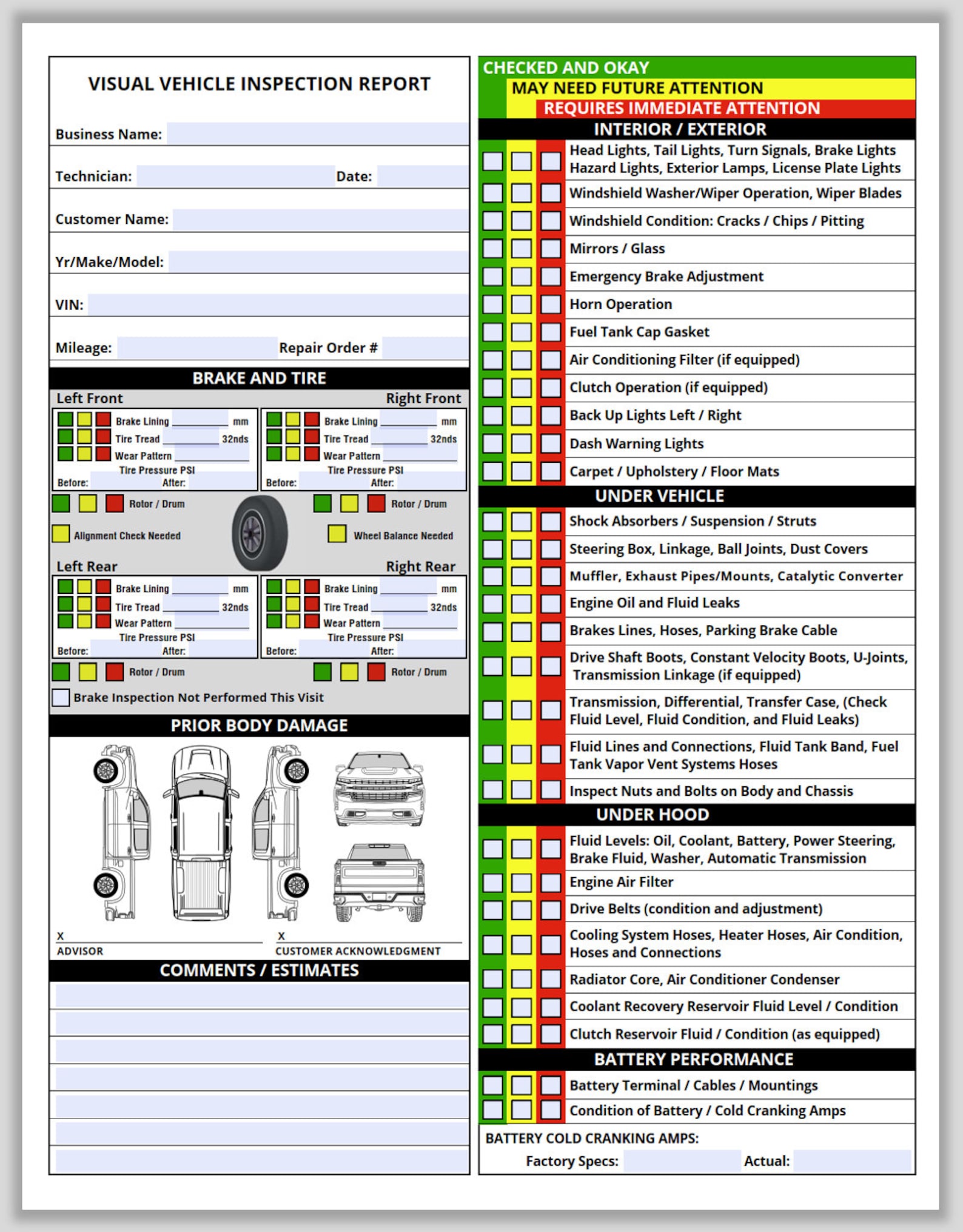 Vehicle Inspection Report for Pickup Truck Inspection Checklist, Multi Vehicle Inspection Report for Pickup Truck Inspection Checklist, Multi