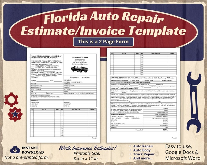 K&ouml;nnte beinhalten: Eine druckbare Vorlage f&uuml;r ein Autoreparatur-Angebot und eine Rechnung im Microsoft Word-Format. Die Vorlage ist f&uuml;r die Verwendung durch Autowerkst&auml;tten in Florida konzipiert und enth&auml;lt Abschnitte f&uuml;r Kundeninformationen, Fahrzeugdetails, Teile, Arbeitszeit und Gesamtkosten. Die Vorlage ist 8,5 Zoll mal 11 Zoll gro&szlig;.