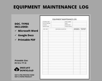 Registro de mantenimiento de equipos, registro de reparación de equipos, programa de mantenimiento imprimible, registro de mecánico, plantilla PDF y editable de Word o Google Docs