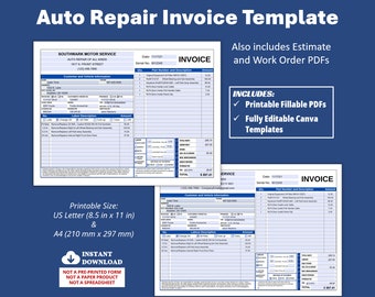Auto Repair Invoice Template, Auto Repair Estimate Template, Auto Repair Invoice PDF, Mechanics Editable Printable Auto Repair Work Order