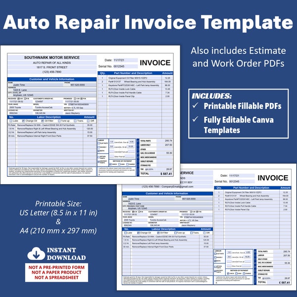 Auto Repair Invoice Template, Auto Repair Estimate Template, Auto Repair Invoice PDF, Mechanics Editable Printable Auto Repair Work Order