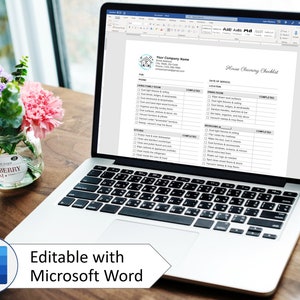 May include: A laptop computer displaying a house cleaning checklist template in Microsoft Word. The checklist includes sections for living room, dining room, bedrooms, and bathrooms. The template is editable and can be customized for personal use.
