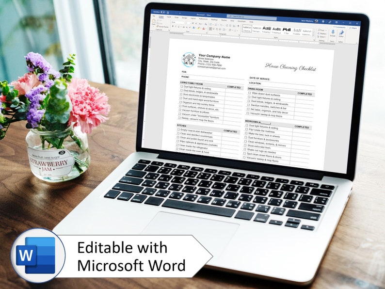 May include: A laptop computer displaying a house cleaning checklist template in Microsoft Word. The checklist includes sections for living room, dining room, bedrooms, and bathrooms. The template is editable and can be customized for personal use.