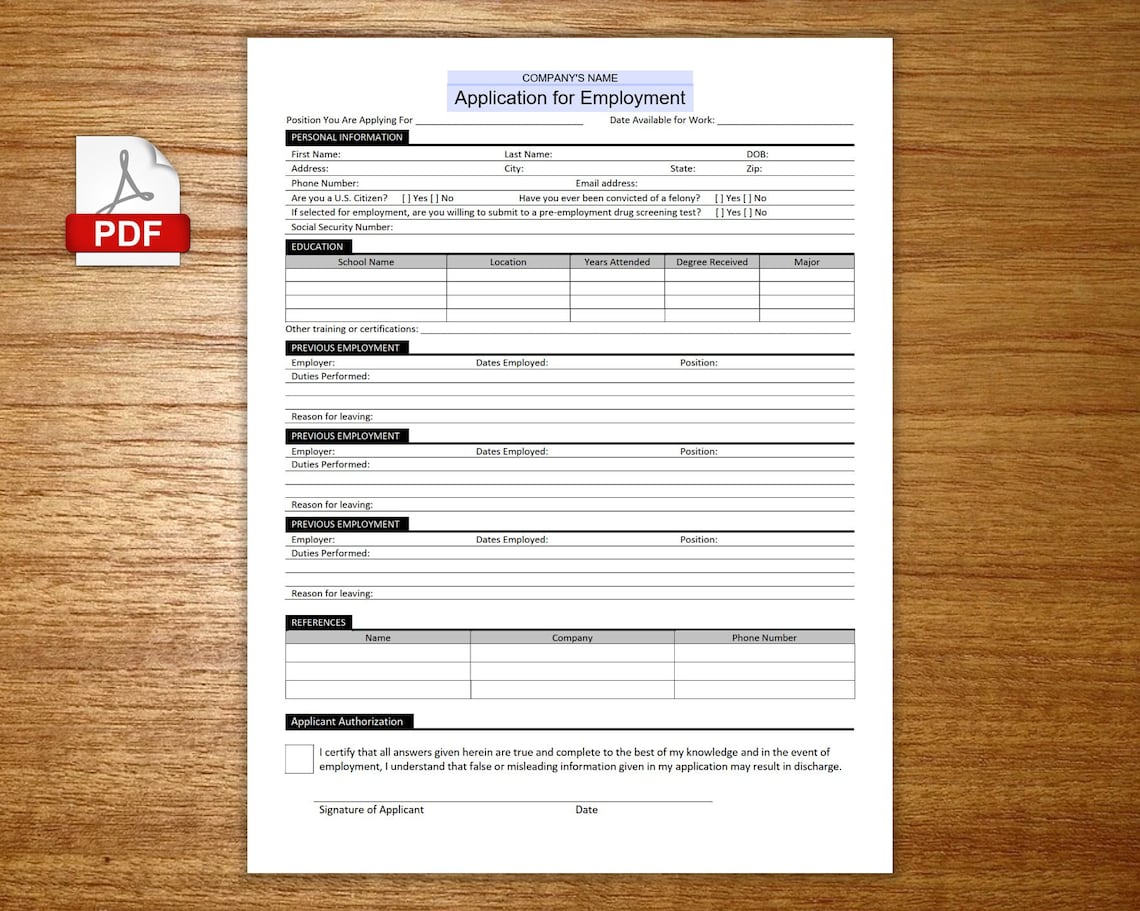 Application for Employment Pdf Printable Application for - Etsy