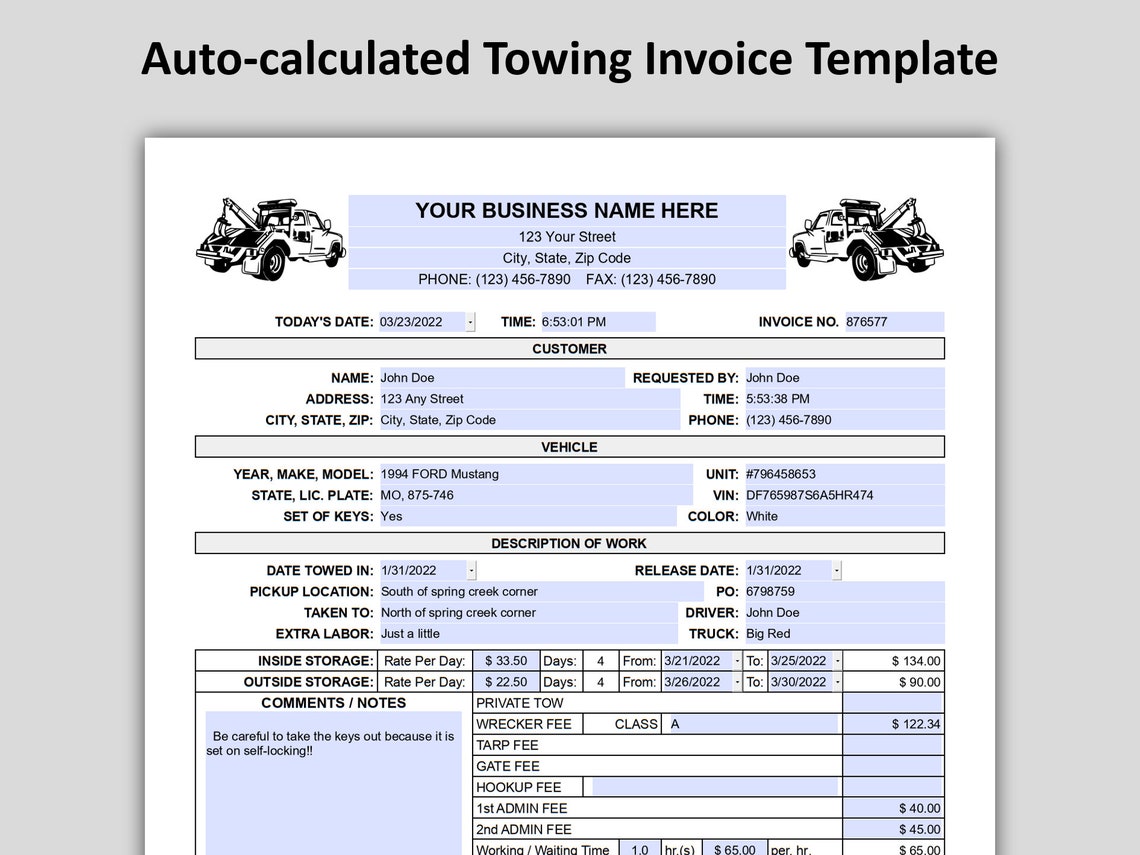 Towing Invoice Template Autocalculated PDF Towing Invoice Etsy