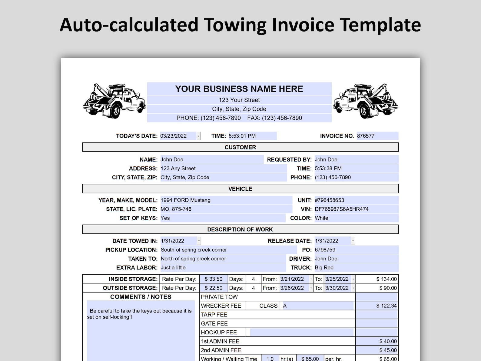 Towing Invoice Template, Autocalculated PDF Towing Invoice Form