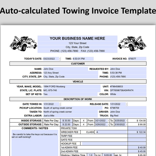 Towing Invoice Template, Auto-calculated PDF Towing Invoice Form, Google Sheets, Excel, MS Word, Google Docs Printable Invoice
