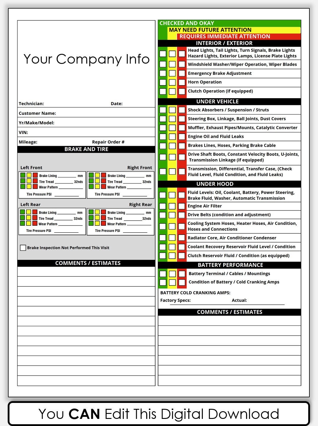 PDF Printable Vehicle Inspection Report CANVA Template - Etsy Australia