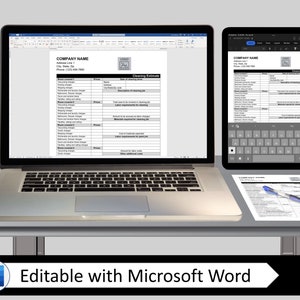 May include: A cleaning estimate template for a cleaning company. The template is displayed on a laptop and tablet screen. The template includes sections for room details, cleaning charges, and labor requirements. The template is editable with Microsoft Word.