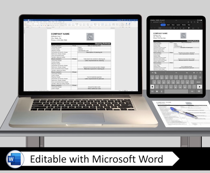 May include: A cleaning estimate template for a cleaning company. The template is displayed on a laptop and tablet screen. The template includes sections for room details, cleaning charges, and labor requirements. The template is editable with Microsoft Word.