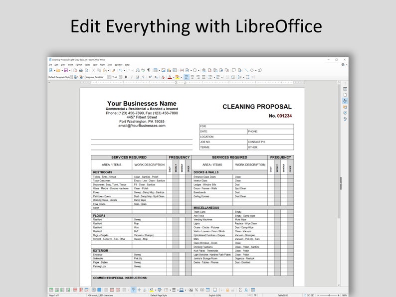 May include: A cleaning proposal document open in LibreOffice, with the text "Edit Everything with LibreOffice" at the top. The document includes sections for services required, area/items, and work description.