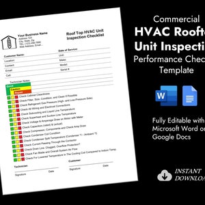 以下が含まれることがあります： 商業用 HVAC 屋根ユニットの検査のための印刷可能なチェックリストテンプレート。チェックリストには、顧客情報、技術者のメモ、およびキャビネットの清掃、フィルターのサイズ、冷媒圧力、配線、電気接続、温度測定など、検査する項目のチェックリストが含まれています。テンプレートは、Microsoft Word または Google Docs で完全に編集できます。