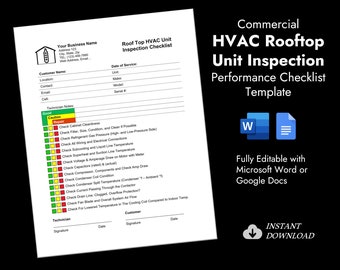 Commercial HVAC Roof Top Unit Inspection Performance Checklist Template | Editable Air Conditioner Unit Inspection Printable PDF & WORD Doc
