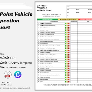 Vehicle Inspection Checklist, 27 Point Vehicle Inspection Checklist, Editable Template for Auto Repair, Multi-point Vehicle Inspection