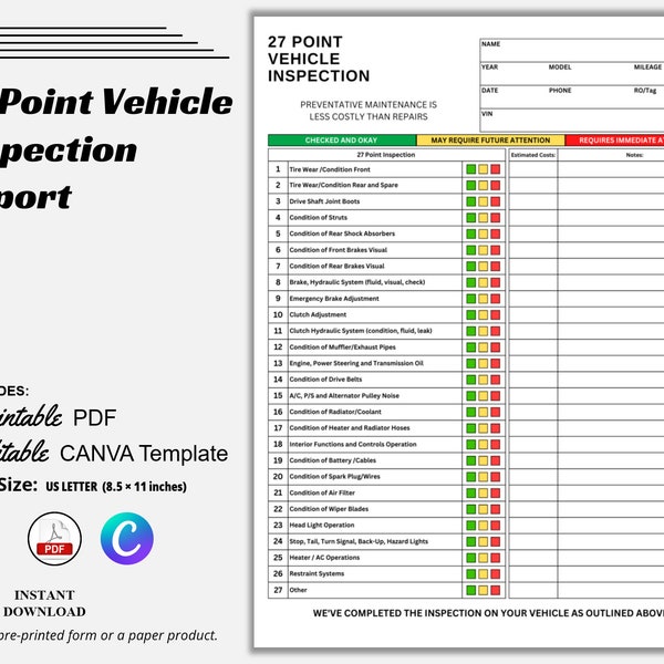 Vehicle Inspection Checklist, 27 Point Vehicle Inspection Checklist, Editable Template for Auto Repair, Multi-point Vehicle Inspection