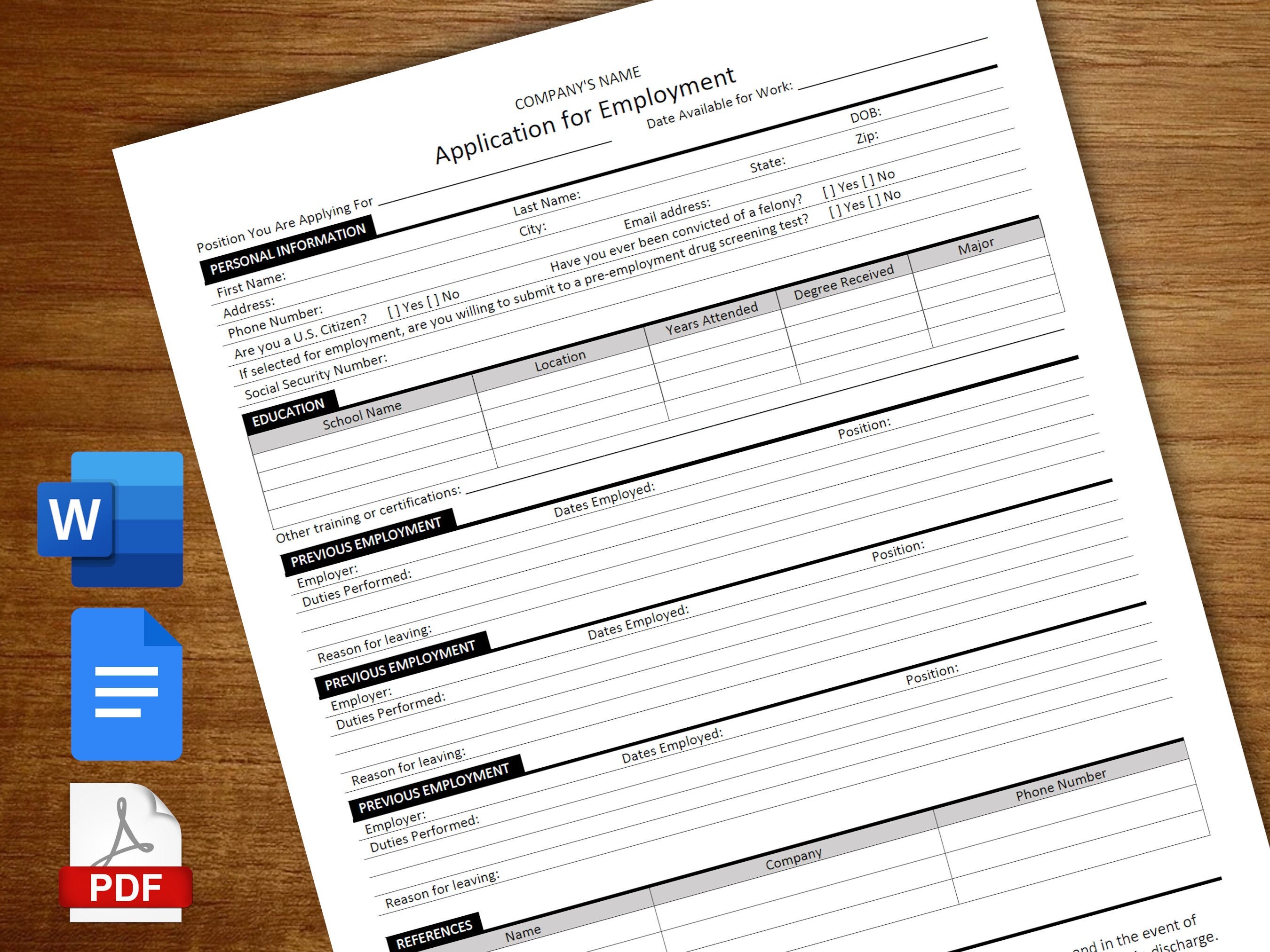 application for employment pdf printable application for etsy denmark