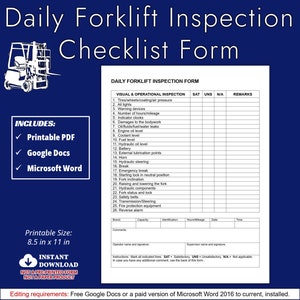 Daglig inspektionsblankett för gaffeltruckar, mall för checklista för förebyggande underhåll av gaffeltruckar, checklista för förebyggande underhåll av gaffeltruckar, WORD, Google Docs eller PDF