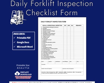 Daily Forklift Inspection Form, Forklift PM Checklist Template, Lift Truck Preventive Maintenance Checklist, WORD, Google Docs or PDF