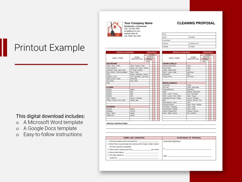 Red Cleaning Proposal Template WORD Commercial Cleaning - Etsy