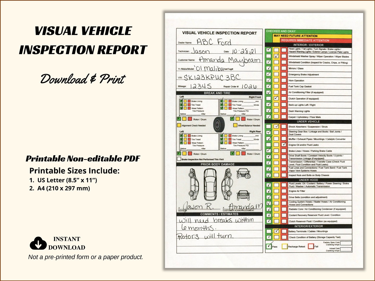 Visual Vehicle Inspection Report Multi-point Inspection - Etsy