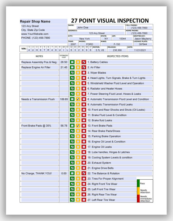 27 Point Visual Vehicle Inspection Form Fillable PDF Etsy UK