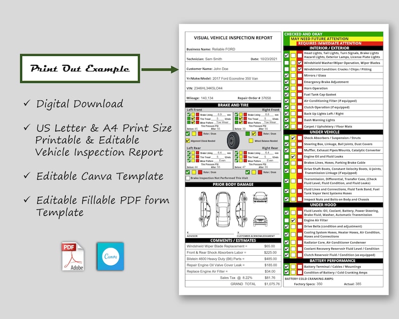 May include: A green, yellow, and red visual vehicle inspection report form with a checklist of items to inspect. The form includes sections for interior, exterior, under vehicle, under hood, and battery performance. The form is titled "Visual Vehicle Inspection Report" and includes the business name "Reliable FORD".